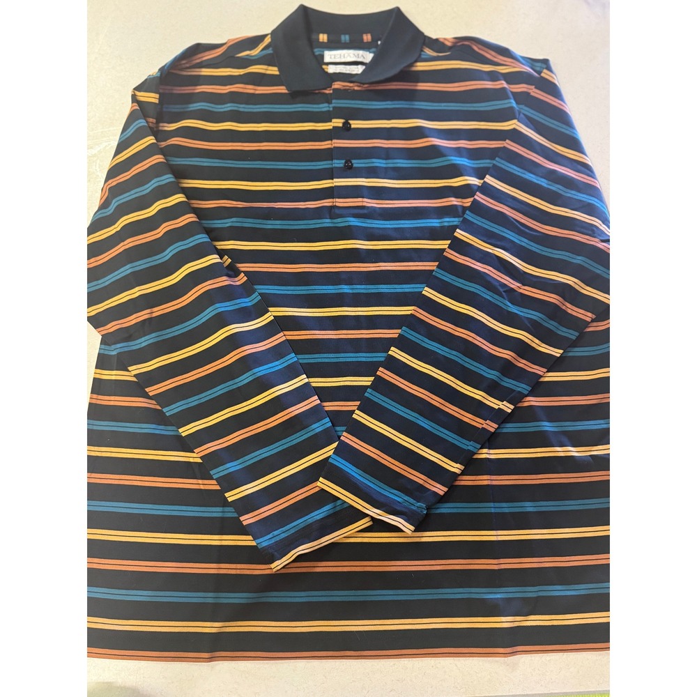 Tehama Mens L Long Sleeve Polo Shirt Pima Cotton Double Mercerized Striped Navy